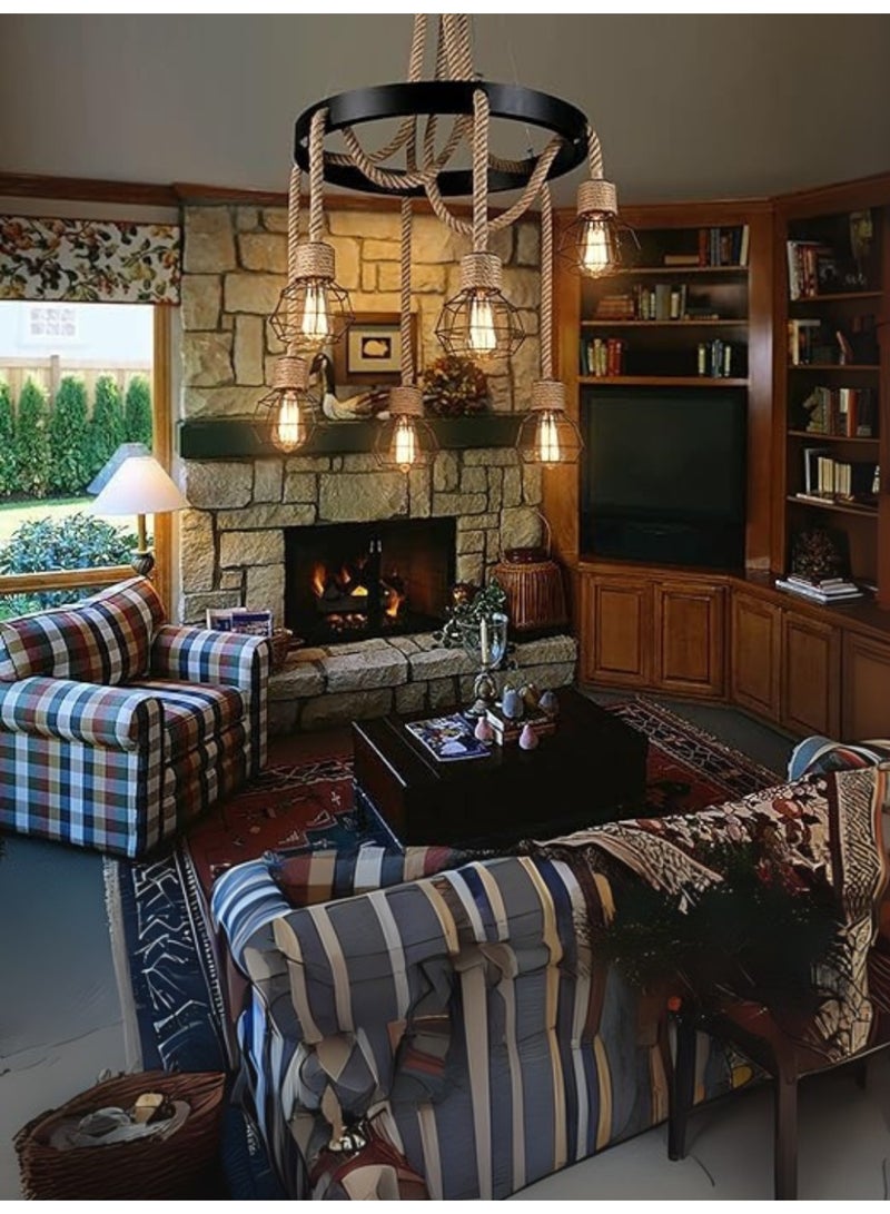 Senpcoo 6-Light Hemp Rope Pendant Light – Retro Industrial Hanging Lamp with Black Iron Cage - Image 2