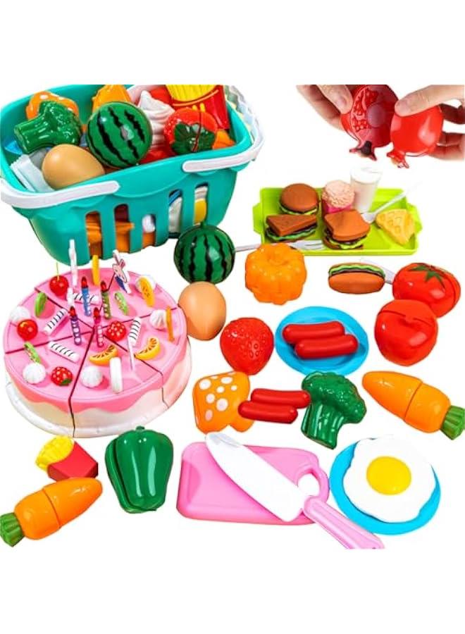 Cutting Play Food Sets Kids Pretend Food Drinks Toys Kitchen Toys Cutting Fruits Vegetables Cake Fake Food Assortment Toy Playset for Toddlers Boys Girls Learning Birthday  Game 68 - Image 1