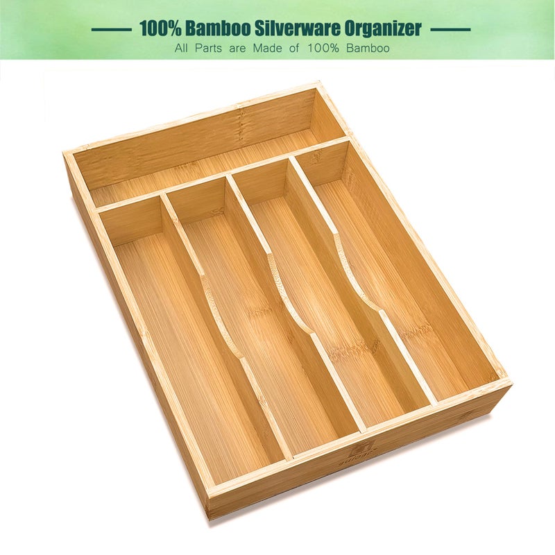 guiogc Bamboo Kitchen Drawer Silverware Organizer, 9 Inch Silverware Utensils Tray Holder for Small Drawer, Cutlery Tray, Wood Caddy for Flatware Cutlery Knives 5-Slots - Image 5