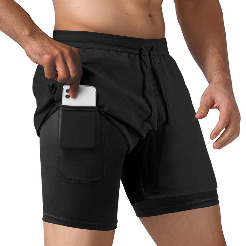 NIMOJIRO Men's 2 in 1 Running Shorts Workout Athletic Shorts Outdoor Sports with Liner Lightweight Training Yoga Gym Shorts with Phone Pockets Black L - Image 1