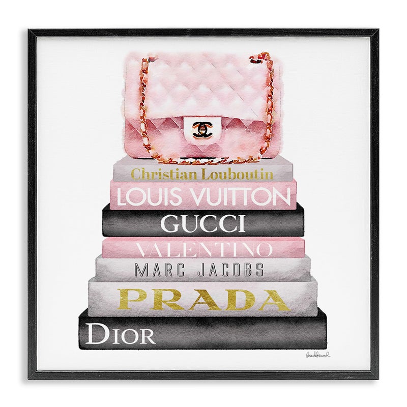 Stupell Industries Watercolor High Fashion Bookstack Padded Pink Bag Framed Giclee Art Design By Artist Amanda Greenwood - Image 1
