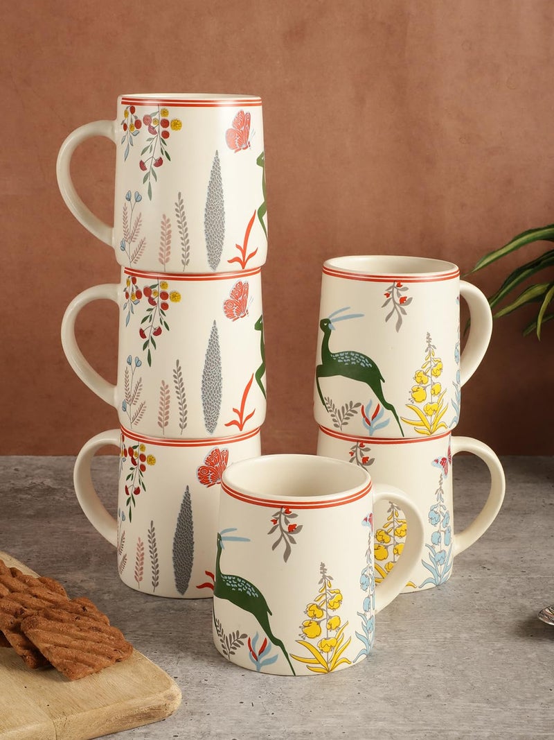 miah decor Ceramic Tea Coffee Cups Set of 6 Matte Printed Small Chai Mug Set of 6 Drinkware Microwave Safe for Home & Restaurant-300 ml-Color-Cream Red - Image 1