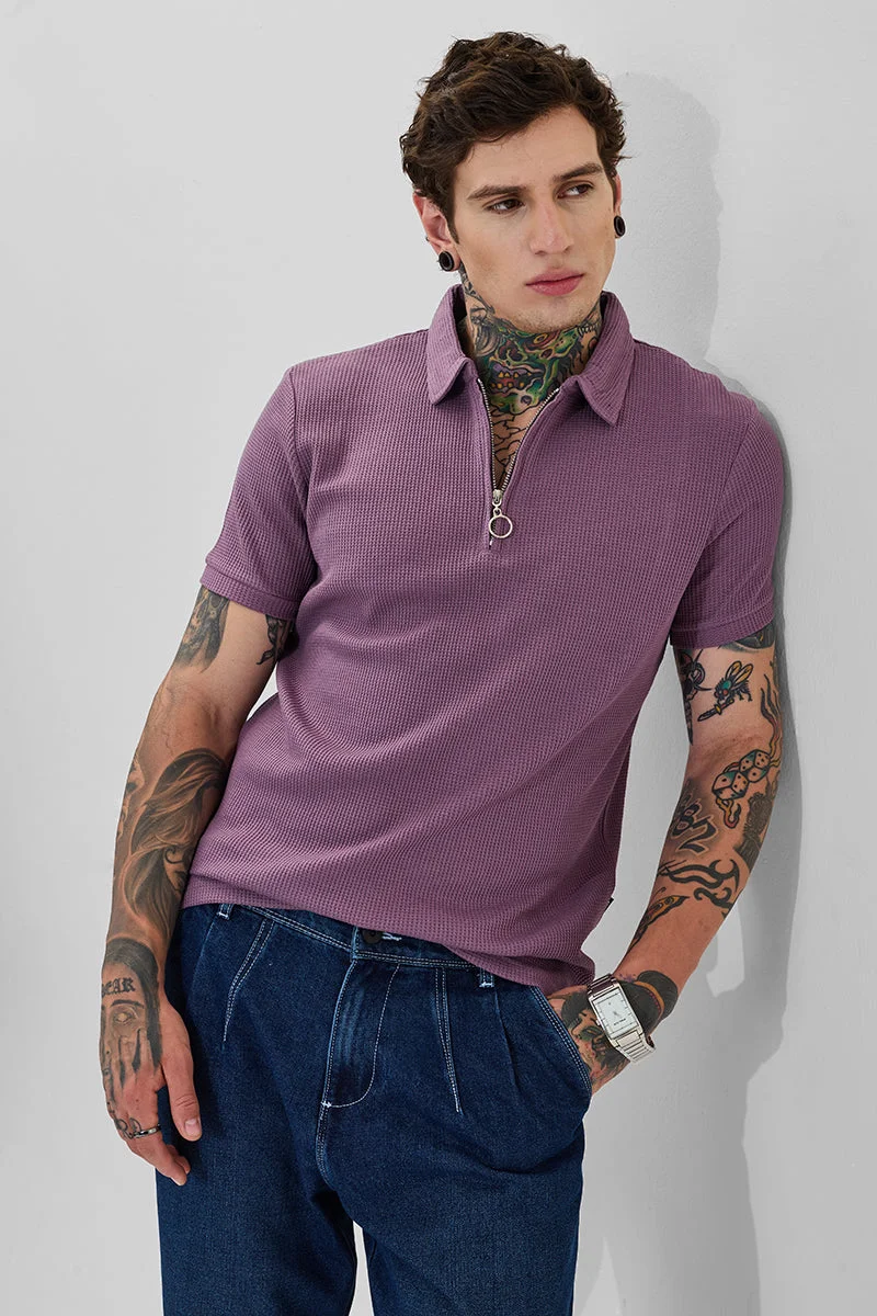 SNITCH Purple Textured Slim Fit Zipper Polo