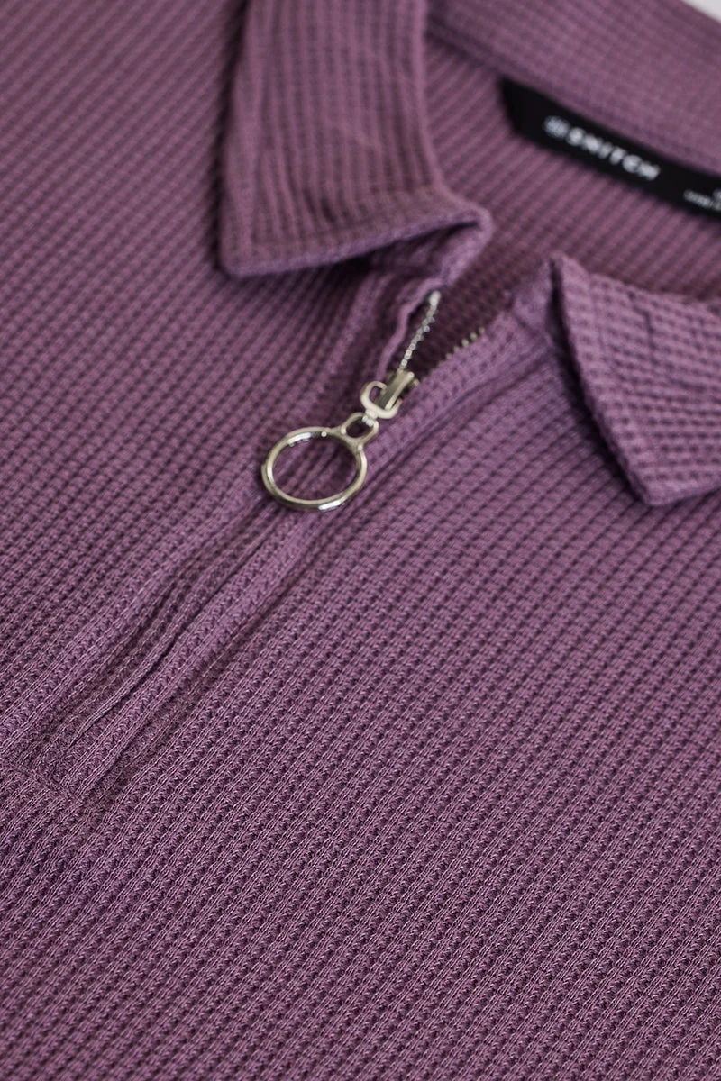 SNITCH Purple Textured Slim Fit Zipper Polo