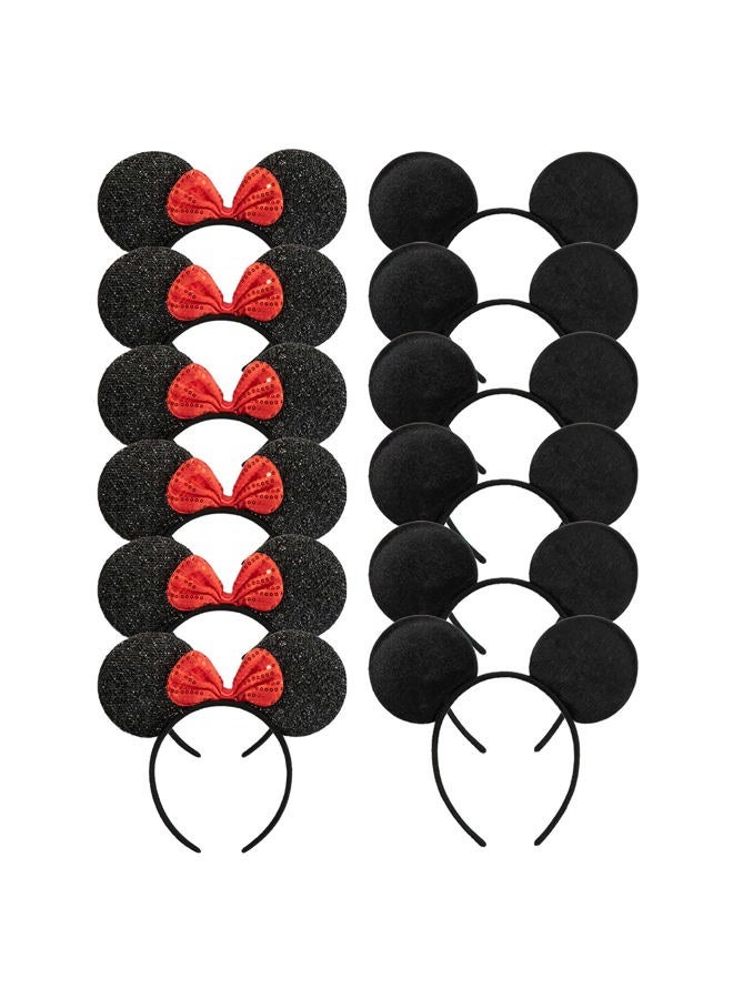 CHuangQi Mouse Ears Headband for Boys and Girls Birthday Party or Celebrations, Solid Black and Red Bow, 12pcs - Image 1