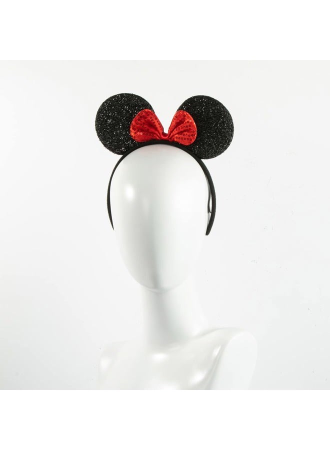 CHuangQi Mouse Ears Headband for Boys and Girls Birthday Party or Celebrations, Solid Black and Red Bow, 12pcs - Image 3