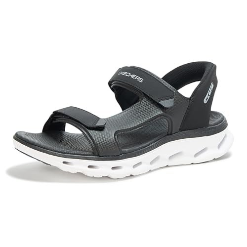 SKECHERS صندل سكيشرز للرجال بخاصية الانزلاق السهل، جولة 2.0 بحزام ربع، أسود/أبيض، 8 - Image 1