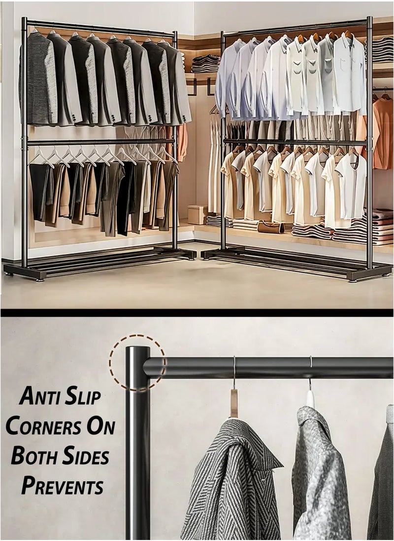 Double Rod Clothing Rack Heavy Duty Dual Layer Clothes Drying Stand Garment Organizer Open Armoire with 2 Tier Hanger Rails and Bottom Storage Shelf, Strong 25mm Steel Pipes, 70kg Load Large Capacity Featuring Two Horizontal Bars for Hanging Clothes, Laundry Room, Balcony, Bedroom Sheets, Quilts, Blanket, Coats, Skirts, Shirts, Hats, Sweaters Holder 100cm