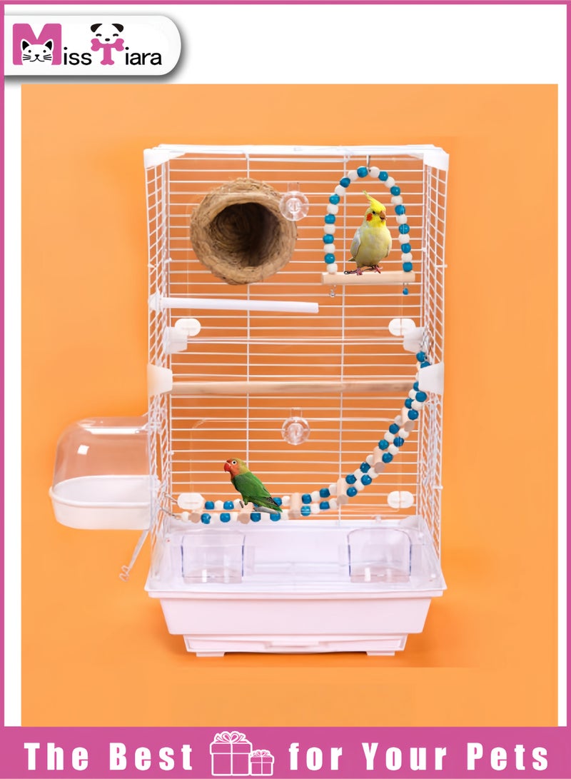 مس تيارا قفص طيور أكريليك مُحسّن مع ملحقات، بيت طيور متنقل بمقبض، تصميم شفاف، باب مزدوج لسهولة التغذية، حوض استحمام، مجثمات، عش، سلم وأرجوحة للببغاوات، الببغاء، البادجي، طيور الحب، الكوكتيل، الكناري، الحسون الأسود. - Image 1
