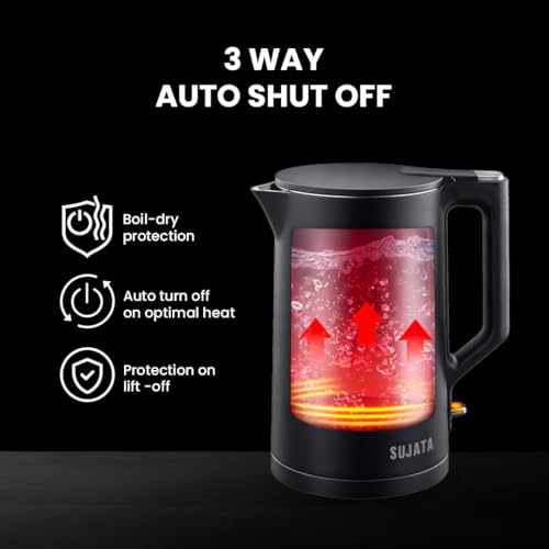 Sujata 1380 W Electric Kettle EK01 1.5 Litre | Strix Controller | Cool Touch | 3 Way Auto Shut Off | Stainless Steel | Double Wall Cool Touch | 360 Degree base | Black - Image 3