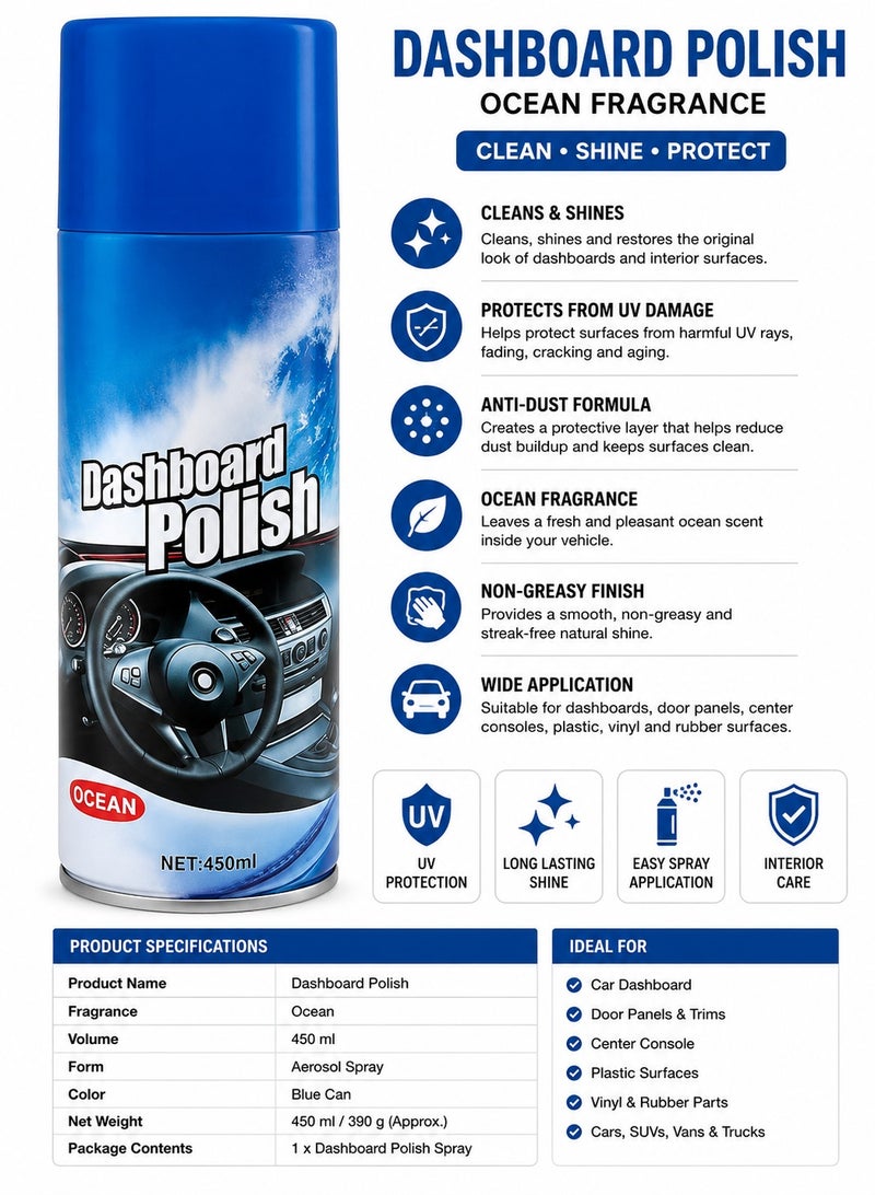 3PCS Ocean Dashboard Polish Spray 450ml - Car Dashboard Cleaner, Interior Protectant, UV Protection, Anti Dust Dashboard Shine, Plastic, Vinyl & Rubber Surface Restorer, Non Greasy Interior Polish for Cars, SUVs, Vans & Trucks. - Image 5