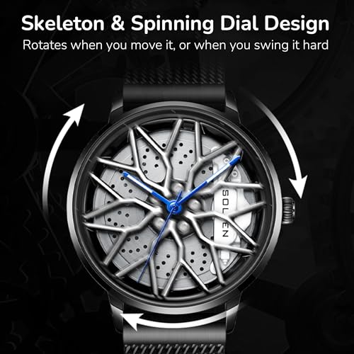 SOLLEN Car Watches for Men, Cool Racing Style Dial Car Wheel Rim Watch, Casual Waterproof Analog Men's Wrist Watch with Japanese Quartz & Luminous Function, Luxury Gift for Adults, Car Enthusiast - Image 3