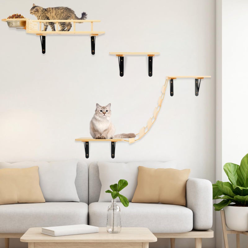 TIMIEEYA Cat Wall Shelves - Stable & Safe 5 in 1 Cat Walls Furniture Set, Wooden Kitten Climbing Wall with Bridge Ladder & Wall Steps - Image 1