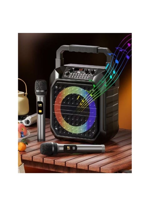 JYX karaoke machine with two wireless microphones, portable Bluetooth speaker, with bass/treble adjustment, PA system with remote control, LED lights, supports TF card/USB, AUX IN, FM, REC, TWS party.