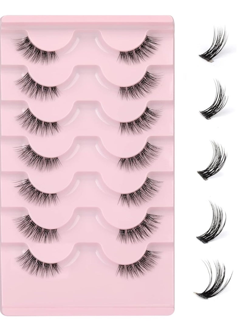 Half Lashes with Clear Band Cat-Eye Eyelashes Fluffy Wispy False Eyelashes Natural Look Handmade Soft DIY Cluster Lashes Pack 7 Pairs - Image 1