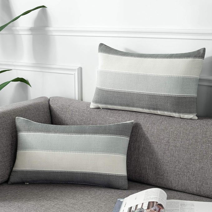 PACK OF 2 FARMHOUSE STRIPE CHECK THROW PILLOW COVERS SET CASE COTTON LINEN DECORATIVE PILLOWCASES CUSHION COVER FOR COUCH BENCH SOFA 12X20INCH DARK GREY BEIGE