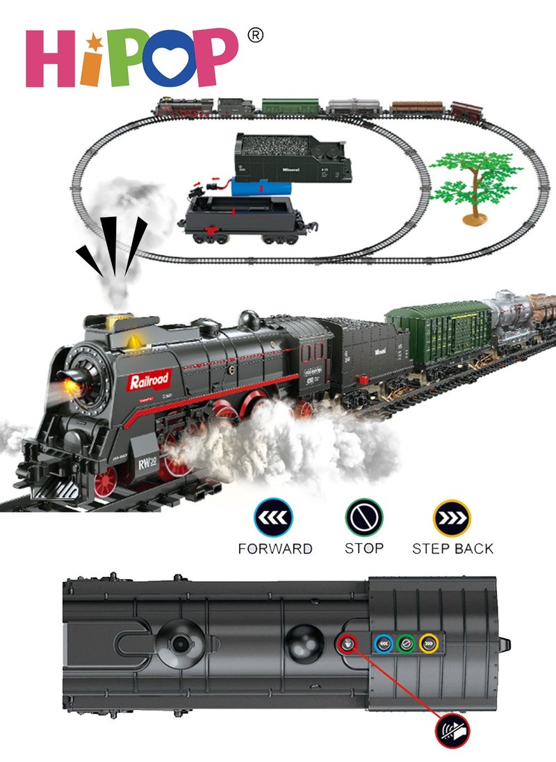 HIPOP Steam Train Toy Set for Kids,Electric Train Toy with Musical lighting,Simulation Track,Locomotive,Carriages,Trees,Electric Assembly Toy Rail Car  - Image 1