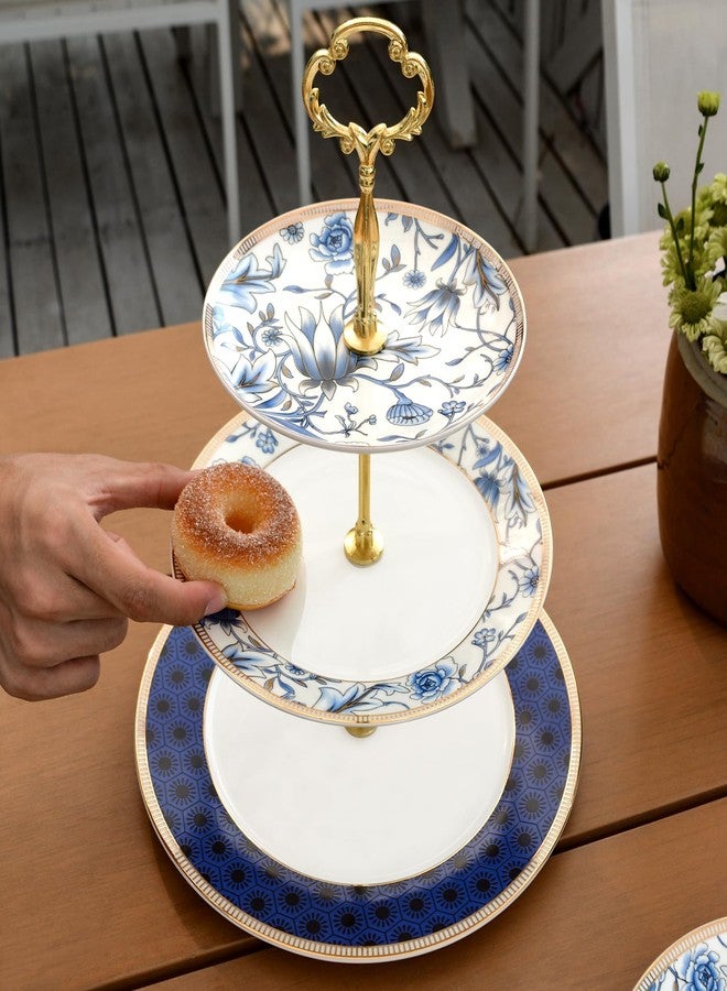 ACMLIFE Porcelain Cake Stand, White and Blue Bone Cupcake Stand, 3 Tier Wedding Cake Stand, Dessert Stand, Afternoon Tea Display Stand (Bone china 3) - Image 4