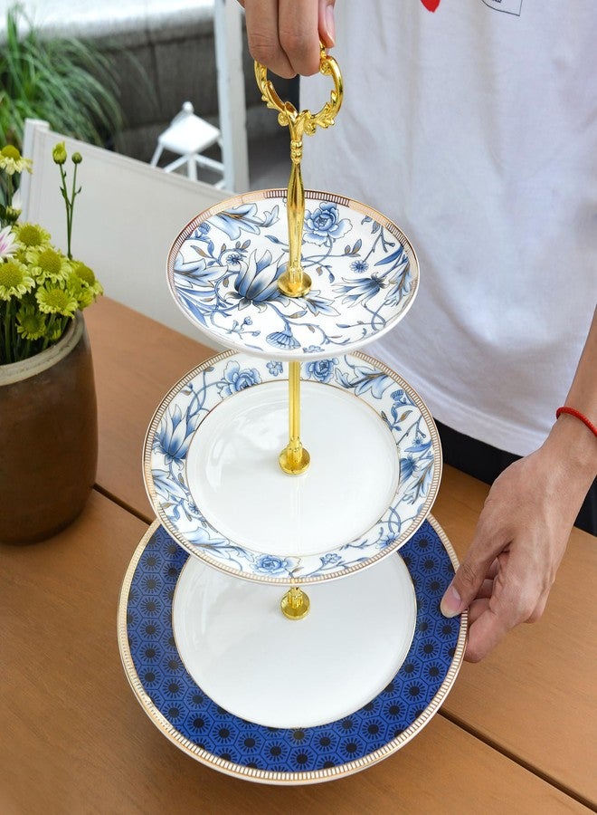 ACMLIFE Porcelain Cake Stand, White and Blue Bone Cupcake Stand, 3 Tier Wedding Cake Stand, Dessert Stand, Afternoon Tea Display Stand (Bone china 3) - Image 2