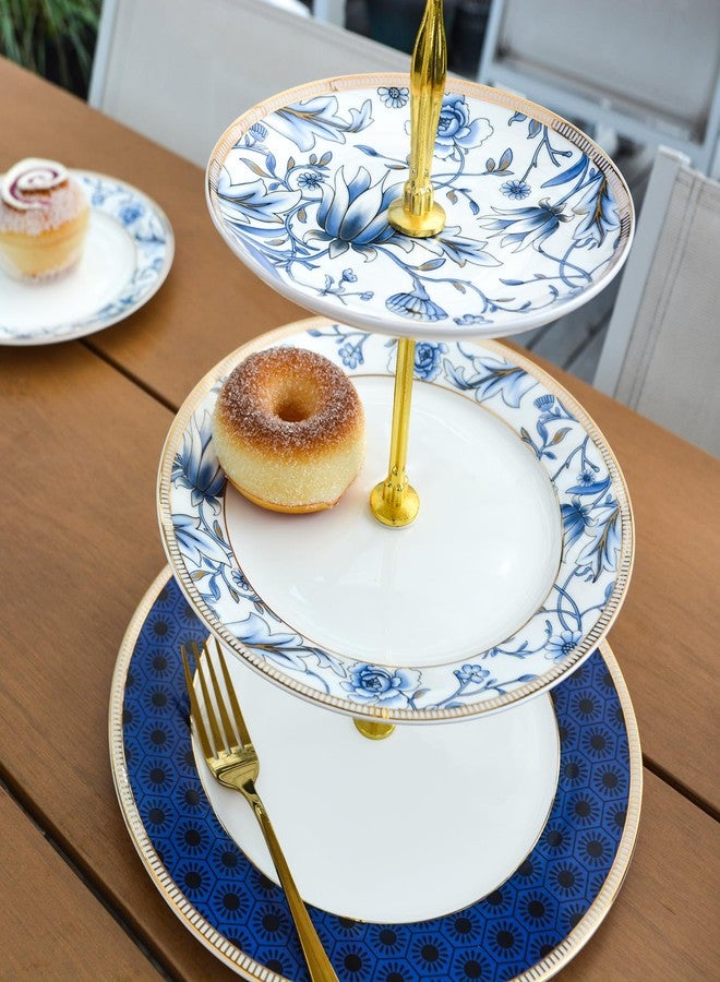 ACMLIFE Porcelain Cake Stand, White and Blue Bone Cupcake Stand, 3 Tier Wedding Cake Stand, Dessert Stand, Afternoon Tea Display Stand (Bone china 3) - Image 3