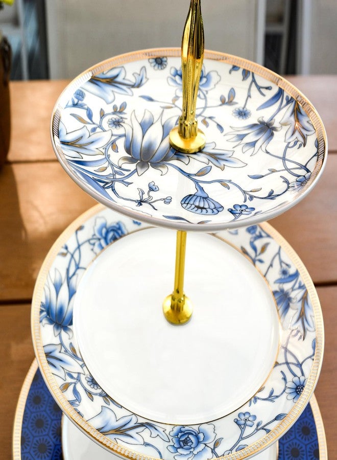 ACMLIFE Porcelain Cake Stand, White and Blue Bone Cupcake Stand, 3 Tier Wedding Cake Stand, Dessert Stand, Afternoon Tea Display Stand (Bone china 3) - Image 5