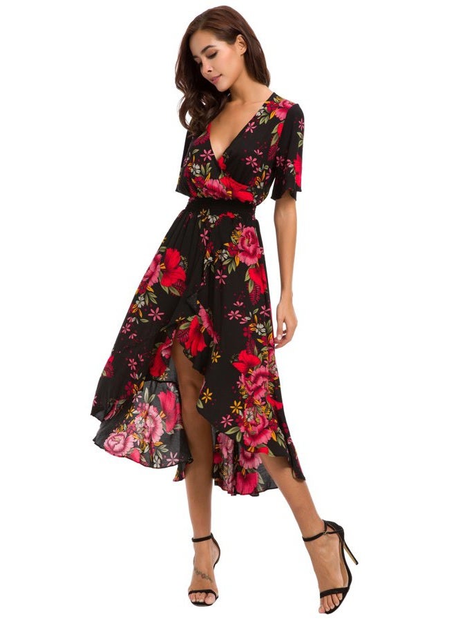 Kormei Womens Short Sleeve Floral High Low V-Neck Flowy Party Long Maxi Dress, Black/Red, S - Image 4