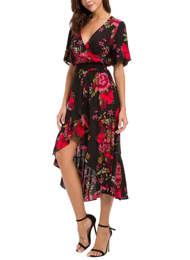 Kormei Womens Short Sleeve Floral High Low V-Neck Flowy Party Long Maxi Dress, Black/Red, S - Image 2