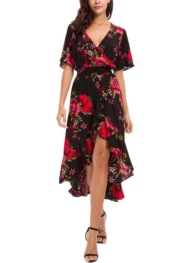 Kormei Womens Short Sleeve Floral High Low V-Neck Flowy Party Long Maxi Dress, Black/Red, S - Image 5