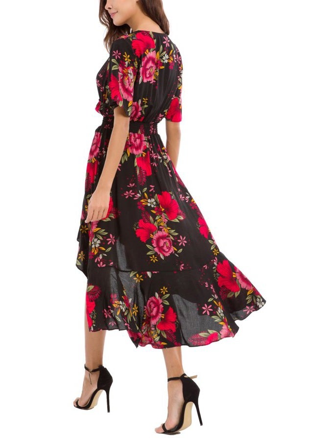 Kormei Womens Short Sleeve Floral High Low V-Neck Flowy Party Long Maxi Dress, Black/Red, S - Image 3