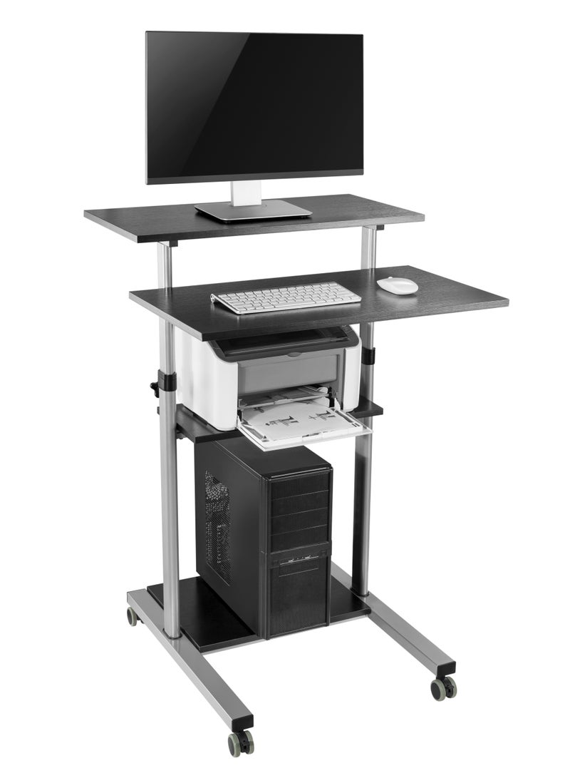 Skill Tech Skilltech SH WST01 Heavy-Duty Mobile Workstation Desk | Freestanding Sit-Stand Cart with Dual Worksurfaces | 60kg Capacity | Height Adjustable 820-1260mm | Black/Silver - Image 1