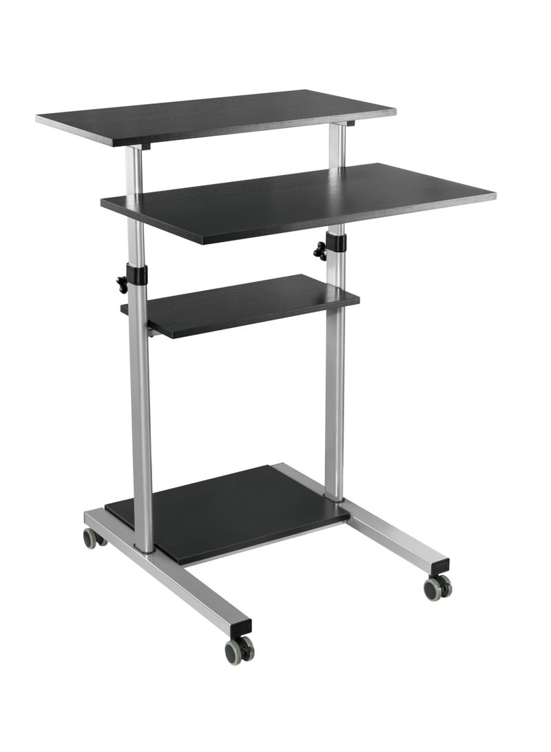 Skill Tech Skilltech SH WST01 Heavy-Duty Mobile Workstation Desk | Freestanding Sit-Stand Cart with Dual Worksurfaces | 60kg Capacity | Height Adjustable 820-1260mm | Black/Silver - Image 2