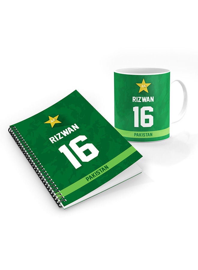Stylizedd Designer Printed Coffee Mug + A5 Spiral Notebook Memo Notepad Journal Personalised Combo Gift Set  -Player Name - Mohammad Rizwan, Jersey Number-16 - Image 1