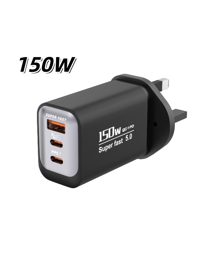 150W UK 3 Ports Multifunctional Super Fast Charger Adapter Mobile Phone Wall Charger Travel Power Adapter Black - Image 1