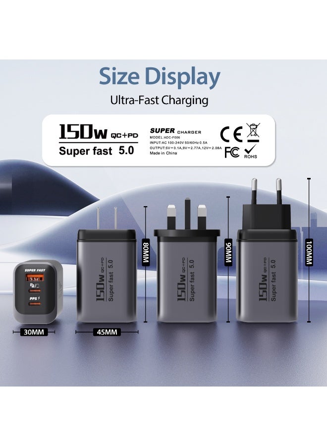 150W UK 3 Ports Multifunctional Super Fast Charger Adapter Mobile Phone Wall Charger Travel Power Adapter Black - Image 3