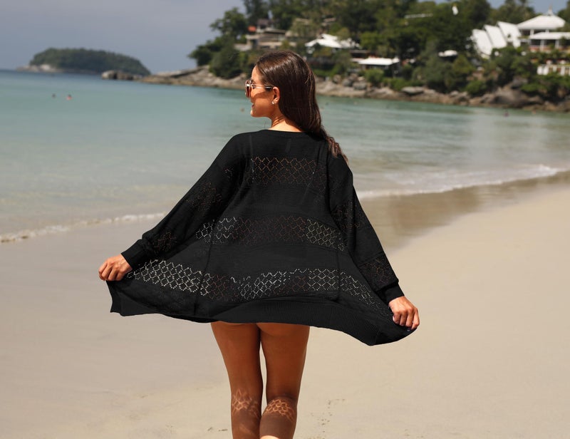 GRECERELLE Lightweight Cardigan Sweaters for Women Crochet Knit Open Front Long Sleeve Loose Casual Boho Summer Beach Coverups Black, L - Image 4