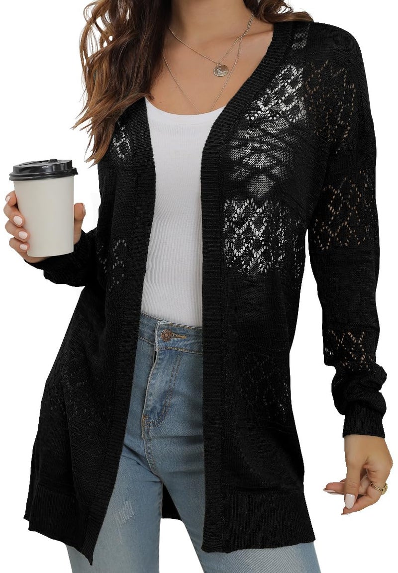 GRECERELLE Lightweight Cardigan Sweaters for Women Crochet Knit Open Front Long Sleeve Loose Casual Boho Summer Beach Coverups Black, L - Image 1