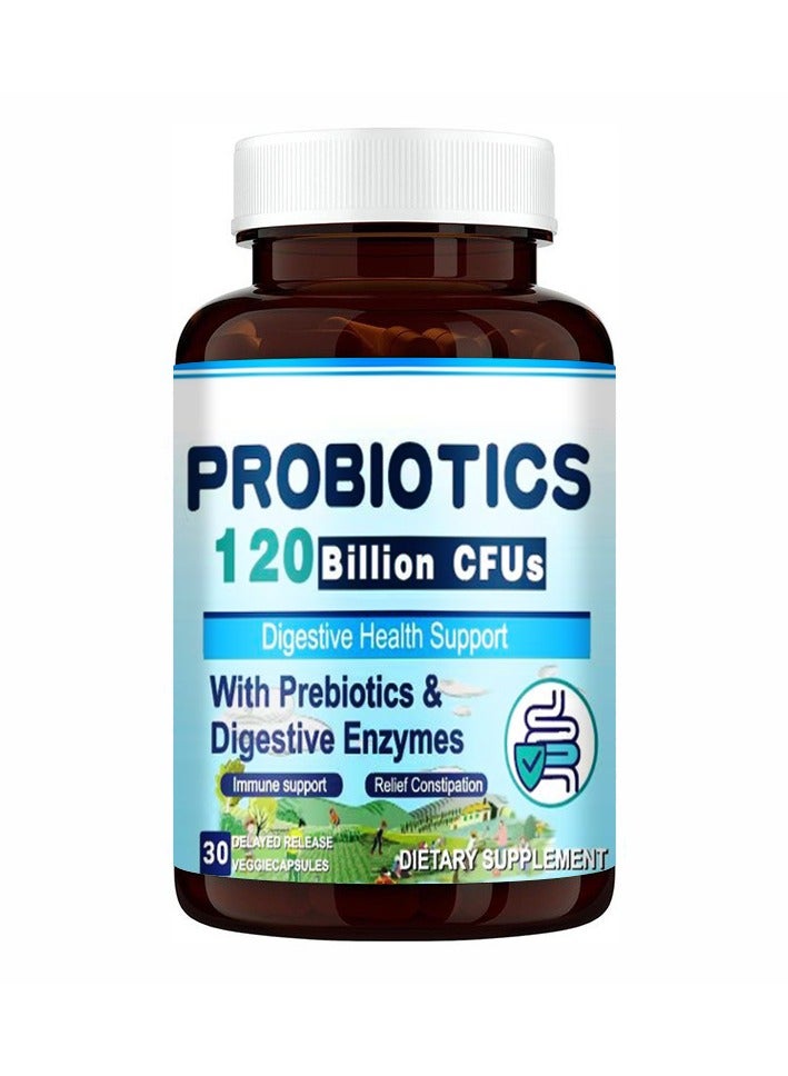 Probiotic Action 120 Billion CFUs Probiotics 36 Strains, Prebiotics, Digestive Enzymes for Men and Women, 30 Delayed Release Veg Caps  - Image 1