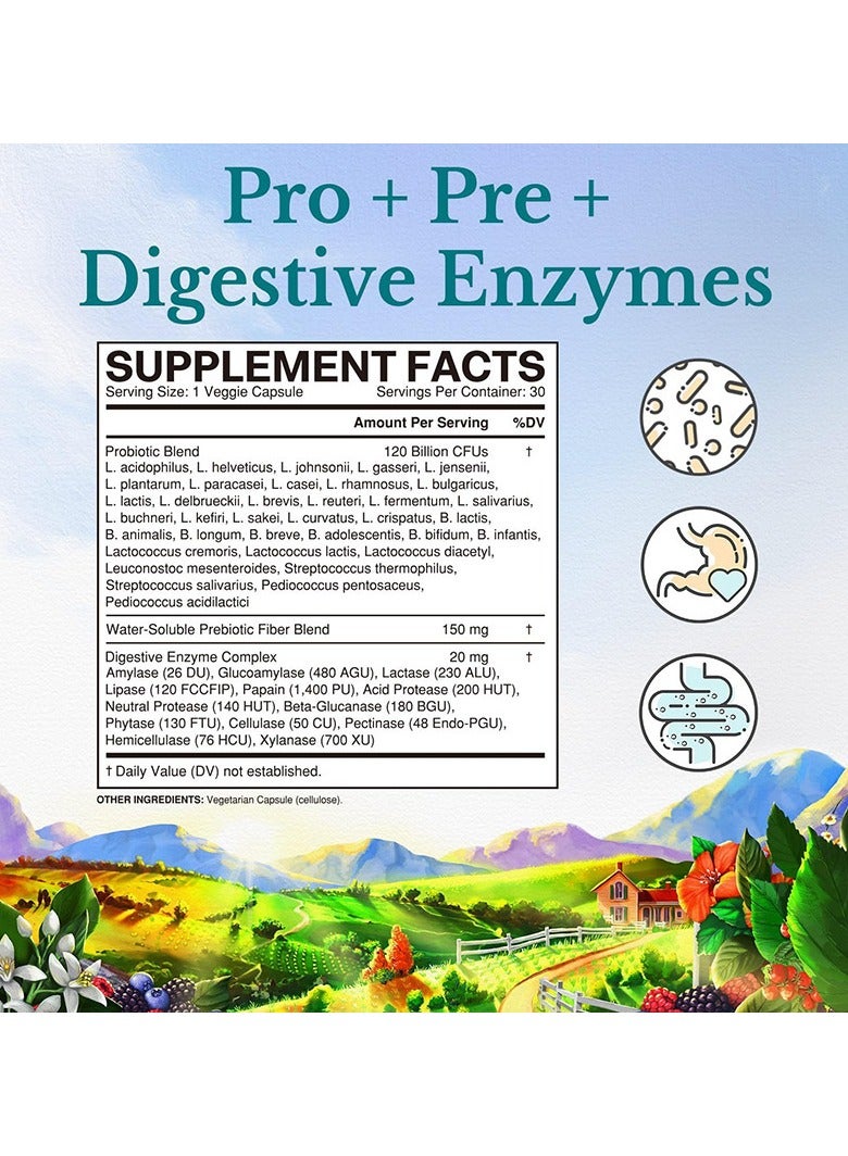 Probiotic Action 120 Billion CFUs Probiotics 36 Strains, Prebiotics, Digestive Enzymes for Men and Women, 30 Delayed Release Veg Caps  - Image 2