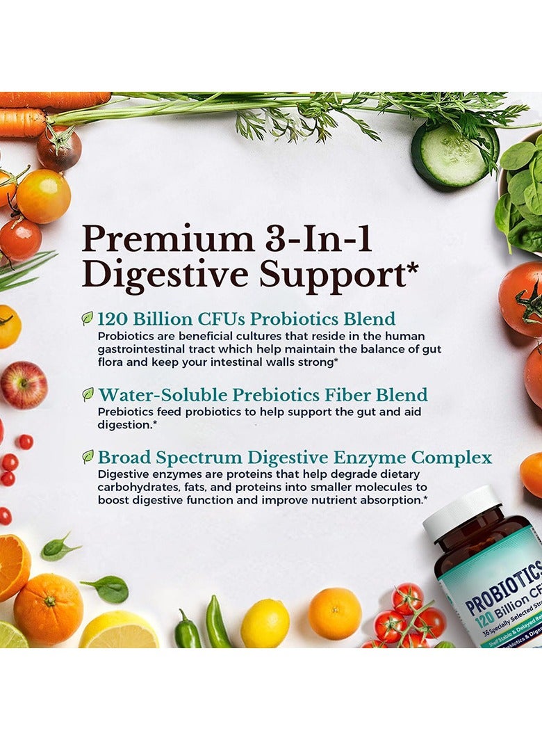 Probiotic Action 120 Billion CFUs Probiotics 36 Strains, Prebiotics, Digestive Enzymes for Men and Women, 30 Delayed Release Veg Caps  - Image 3