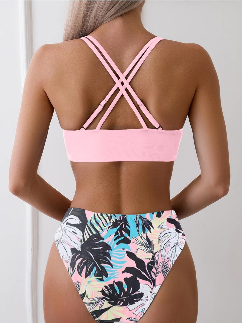 Fanuerg Women's Sexy V Neck Bikini Sets Hollow Out Two Piece Swimsuits Cutout Mid Waist Bathing Suit Pink Floral M - Image 2