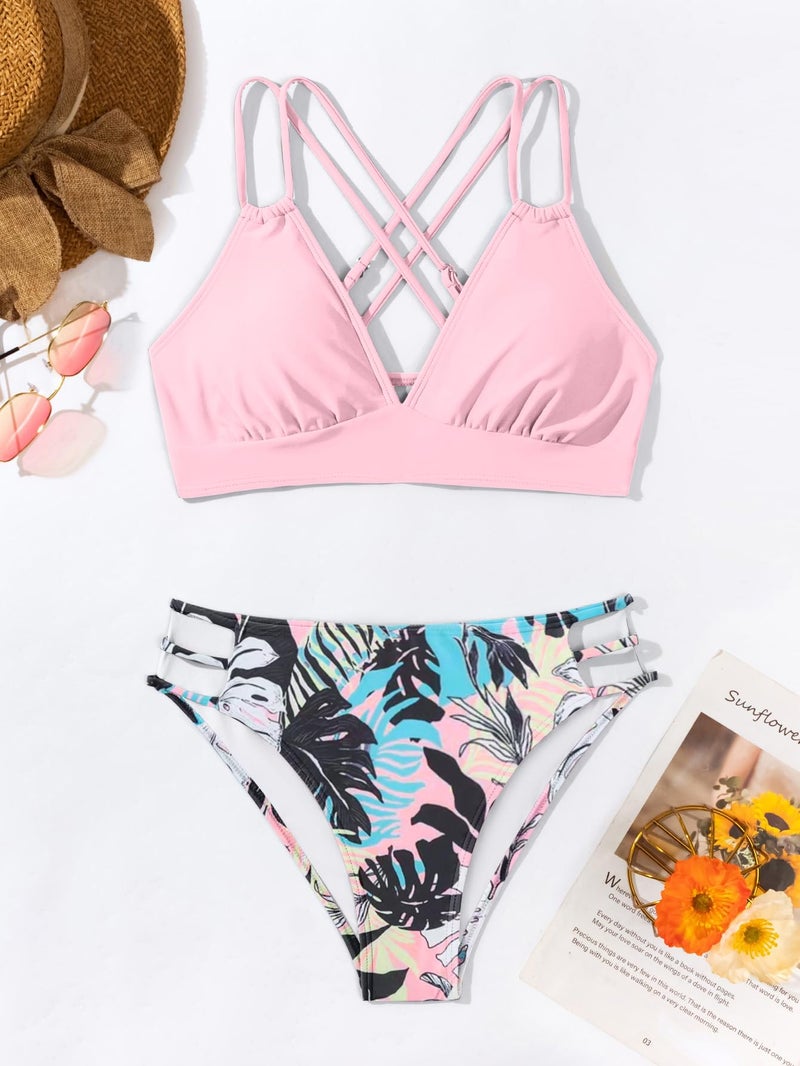 Fanuerg Women's Sexy V Neck Bikini Sets Hollow Out Two Piece Swimsuits Cutout Mid Waist Bathing Suit Pink Floral M - Image 4