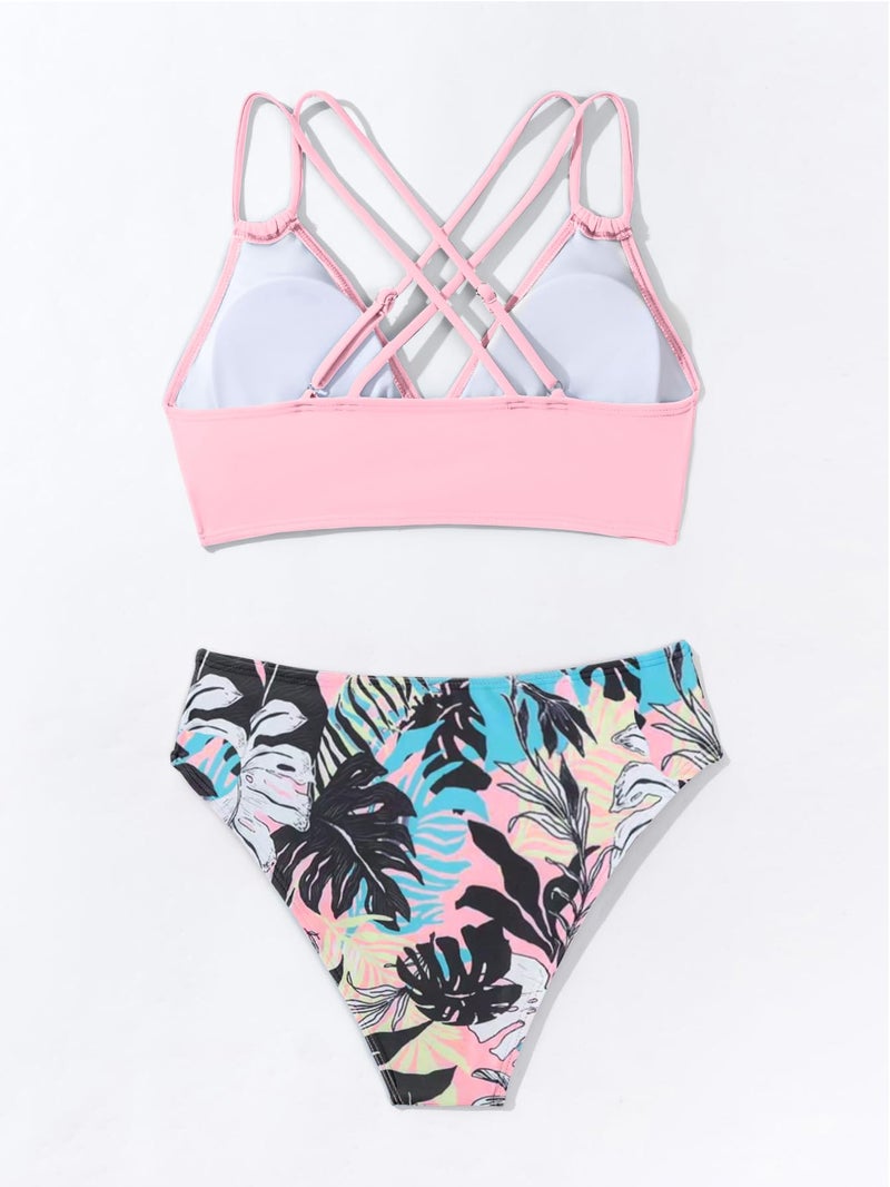 Fanuerg Women's Sexy V Neck Bikini Sets Hollow Out Two Piece Swimsuits Cutout Mid Waist Bathing Suit Pink Floral M - Image 5