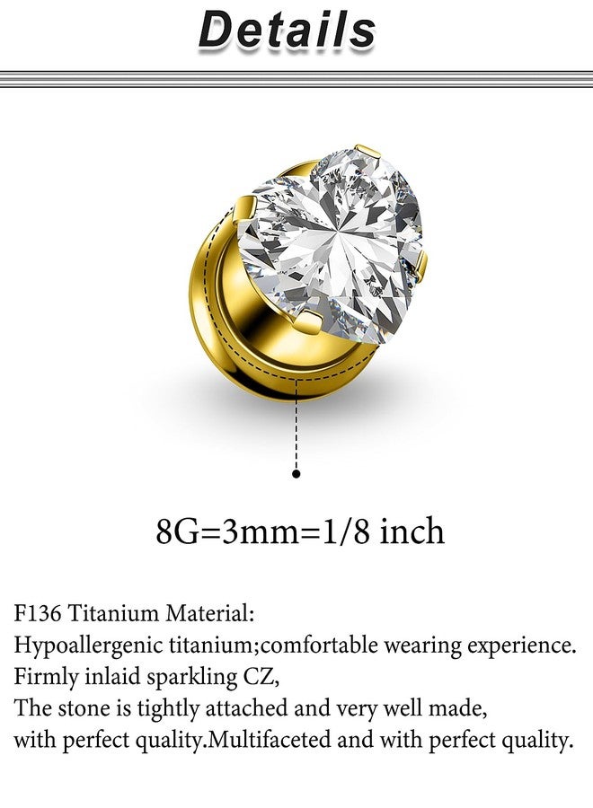 Ocptiy 8G Astm F136 Titanium Gauges Tunnels Plugs Earrings for Ears Stretching Kit 8 Gauge Implant Grade Screw Fit Gold Diamond Tunnels Plugs Hollow Gauges Size 3mm Piercing Women Men 1/8 inch - Image 2