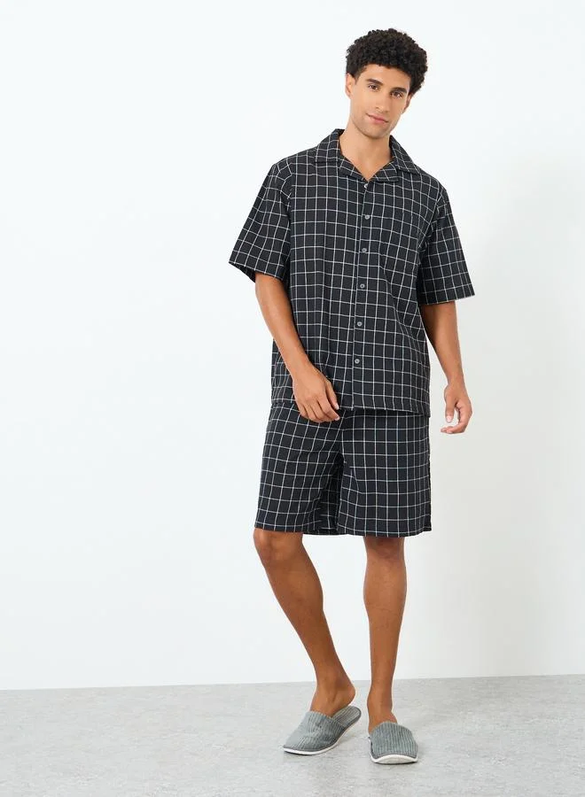Men Black Relaxed Checked Shirt and Shorts Set