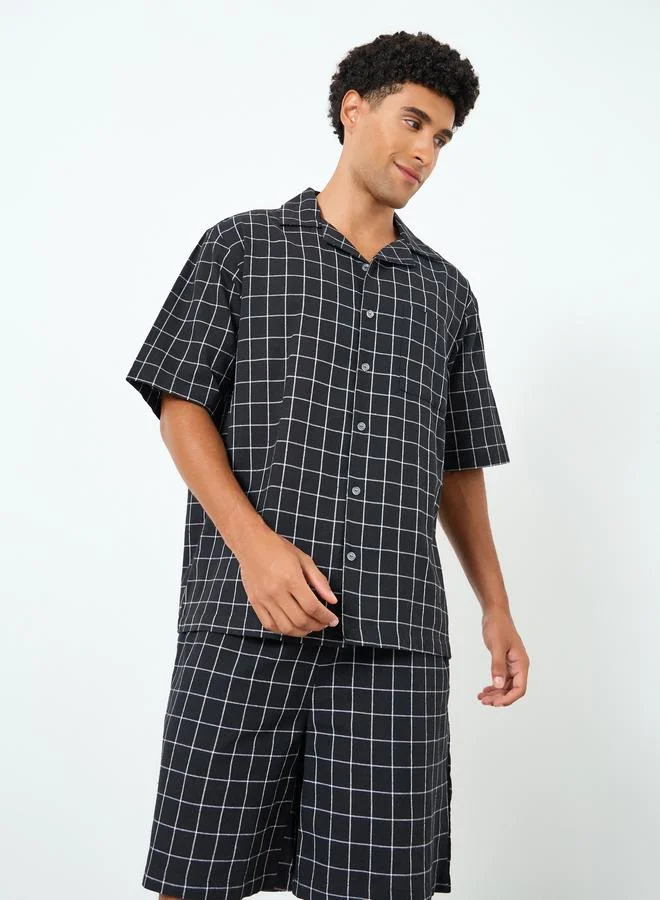Styli Men Black Relaxed Checked Shirt and Shorts Set
