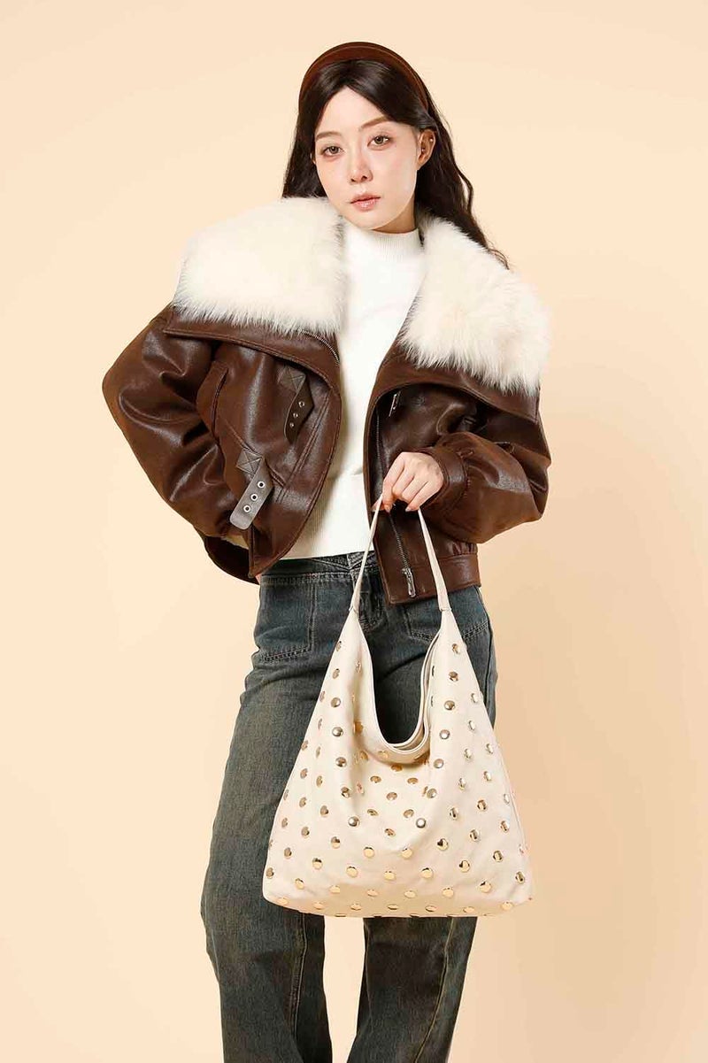 YLYYHH Studded Hobo Purse for Women, Leather Tote Bag Rivet Studded Shoulder Bag Punk Handbag (Beige) - Image 3