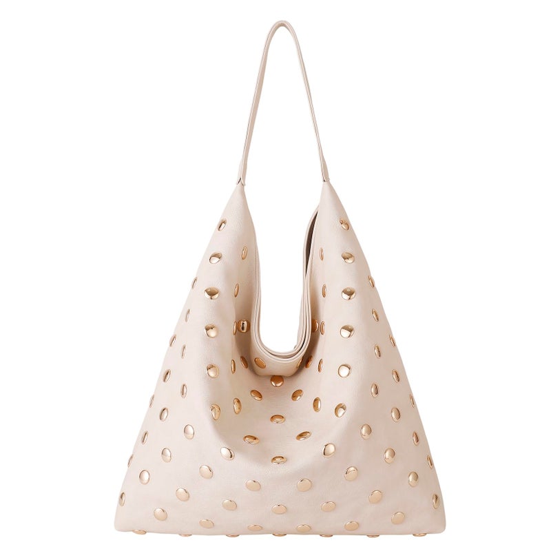 YLYYHH Studded Hobo Purse for Women, Leather Tote Bag Rivet Studded Shoulder Bag Punk Handbag (Beige) - Image 4