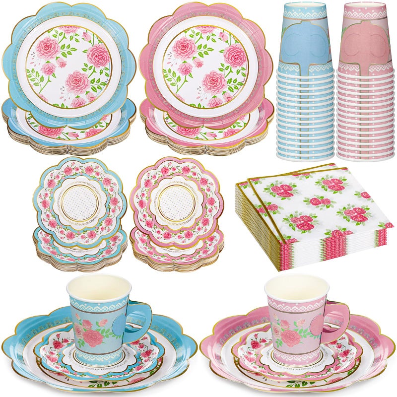 FillTouch 50 Sets Floral Paper Tea Cups and Saucers Disposable Tea Party Decorations 9 Inch Paper Plate, Saucer, Napkin, 9 oz Cups with Handle for Party Supplies - Image 1