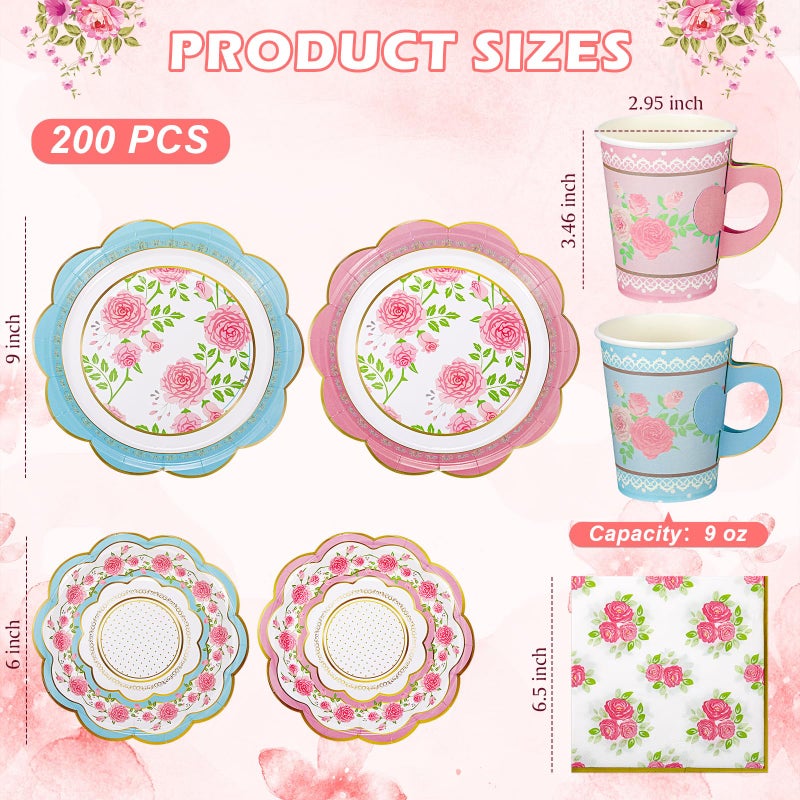 FillTouch 50 Sets Floral Paper Tea Cups and Saucers Disposable Tea Party Decorations 9 Inch Paper Plate, Saucer, Napkin, 9 oz Cups with Handle for Party Supplies - Image 3