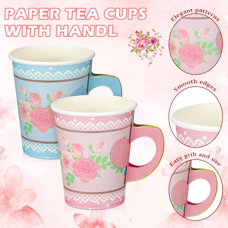 FillTouch 50 Sets Floral Paper Tea Cups and Saucers Disposable Tea Party Decorations 9 Inch Paper Plate, Saucer, Napkin, 9 oz Cups with Handle for Party Supplies - Image 4